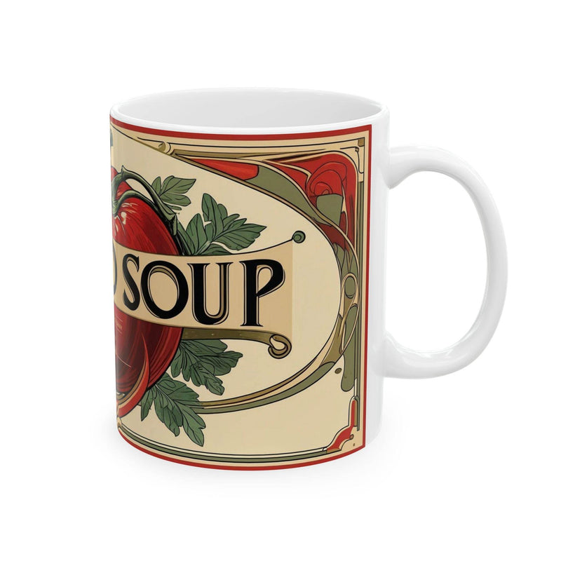 Premium 11oz colorful Mug - Tomato Soup Mug, Delicious flavour filled with warm beverage on a rustic dining table.