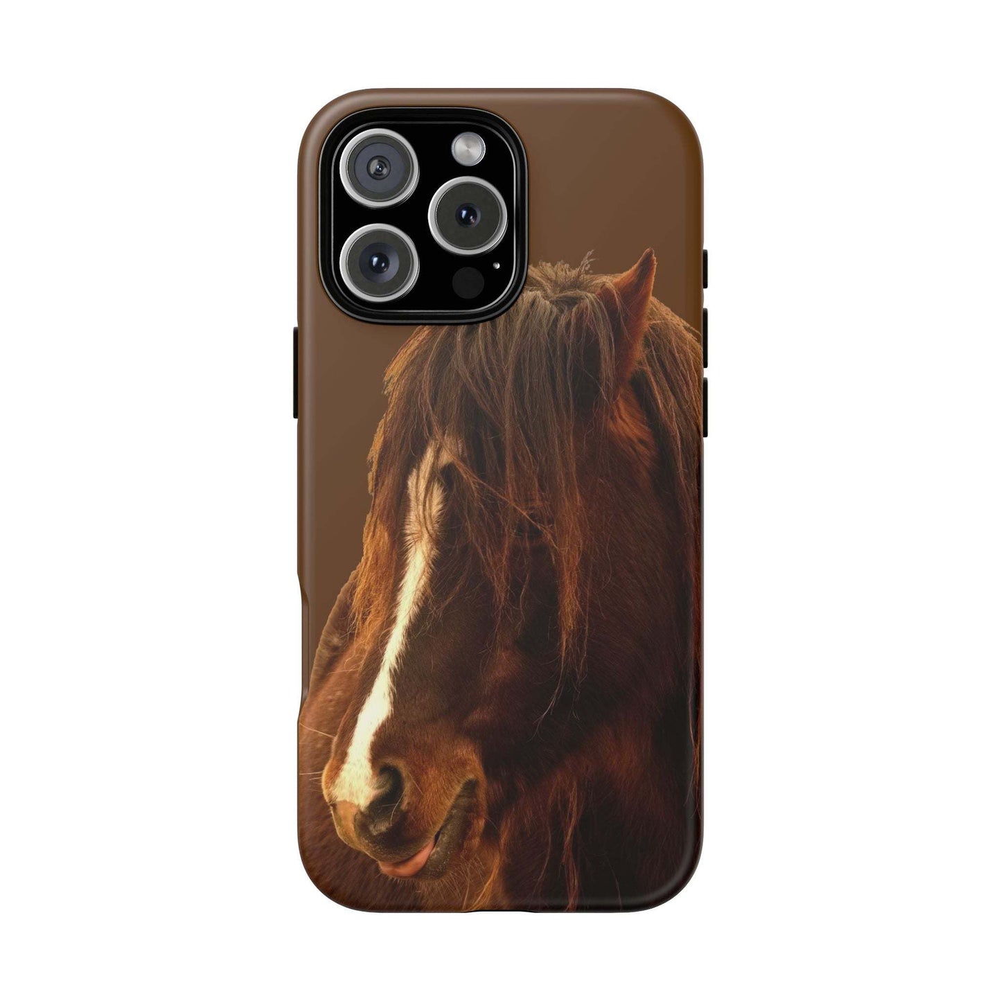 Phone case with horse design, durable with shock absorption, UV protection, and wireless charging support, ideal for horse lovers.