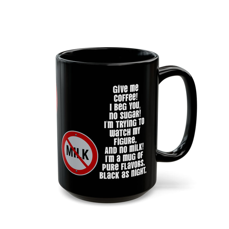 Durable 15oz black ceramic coffee cup with a high-contrast print, making a straightforward honest morning badge gift option.