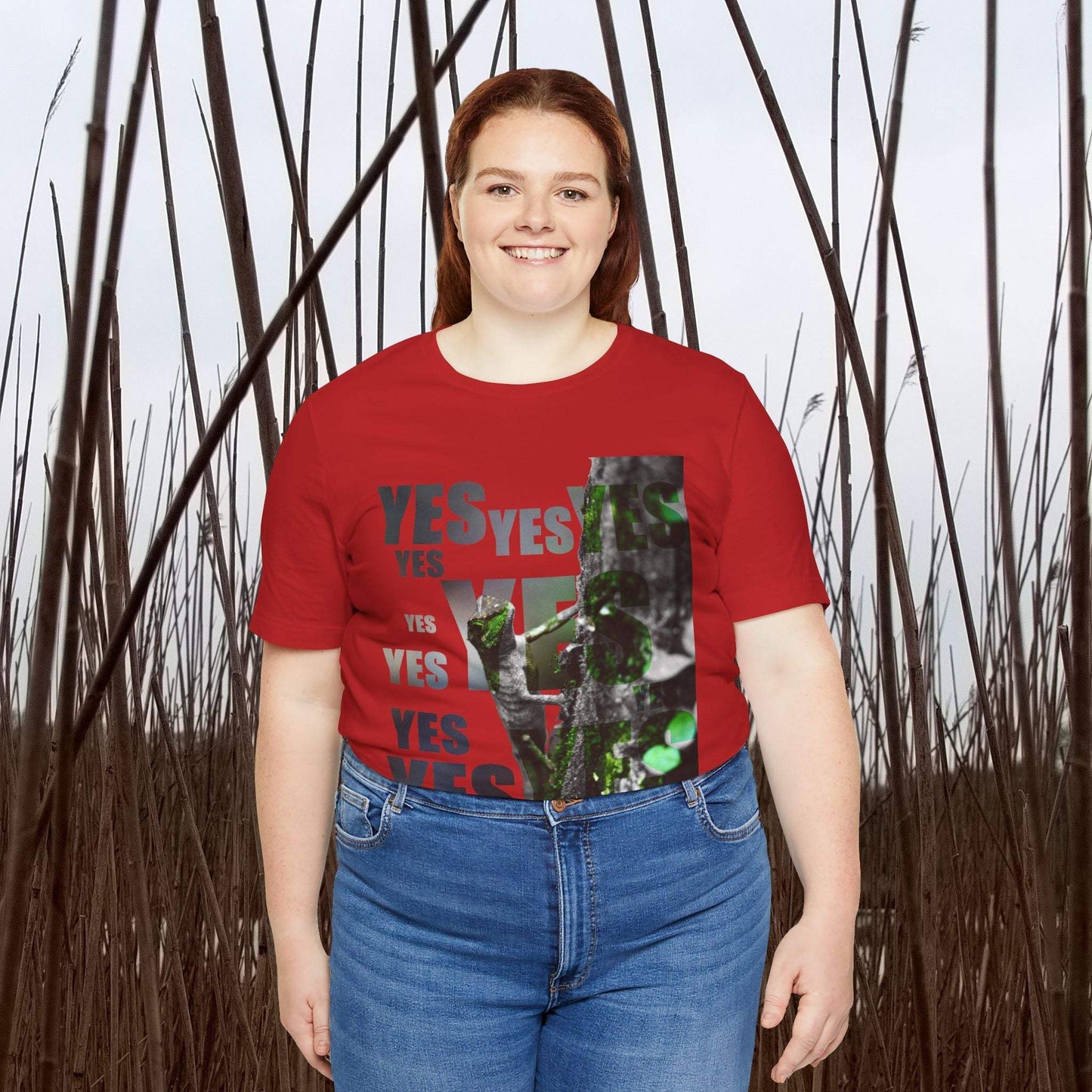Unisex Tee with nature print and "Yes and No" graphic, worn by person outdoors.