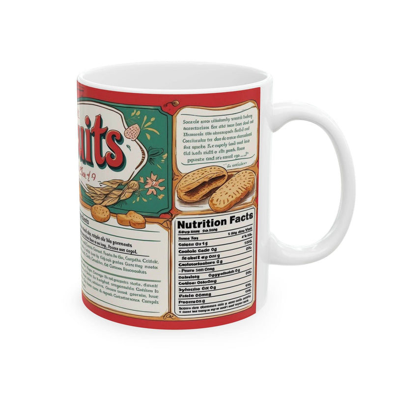 Premium 11oz snack themed Mug - Biscuits Coffee Mug filled with warm tea on a rustic wooden dining table.