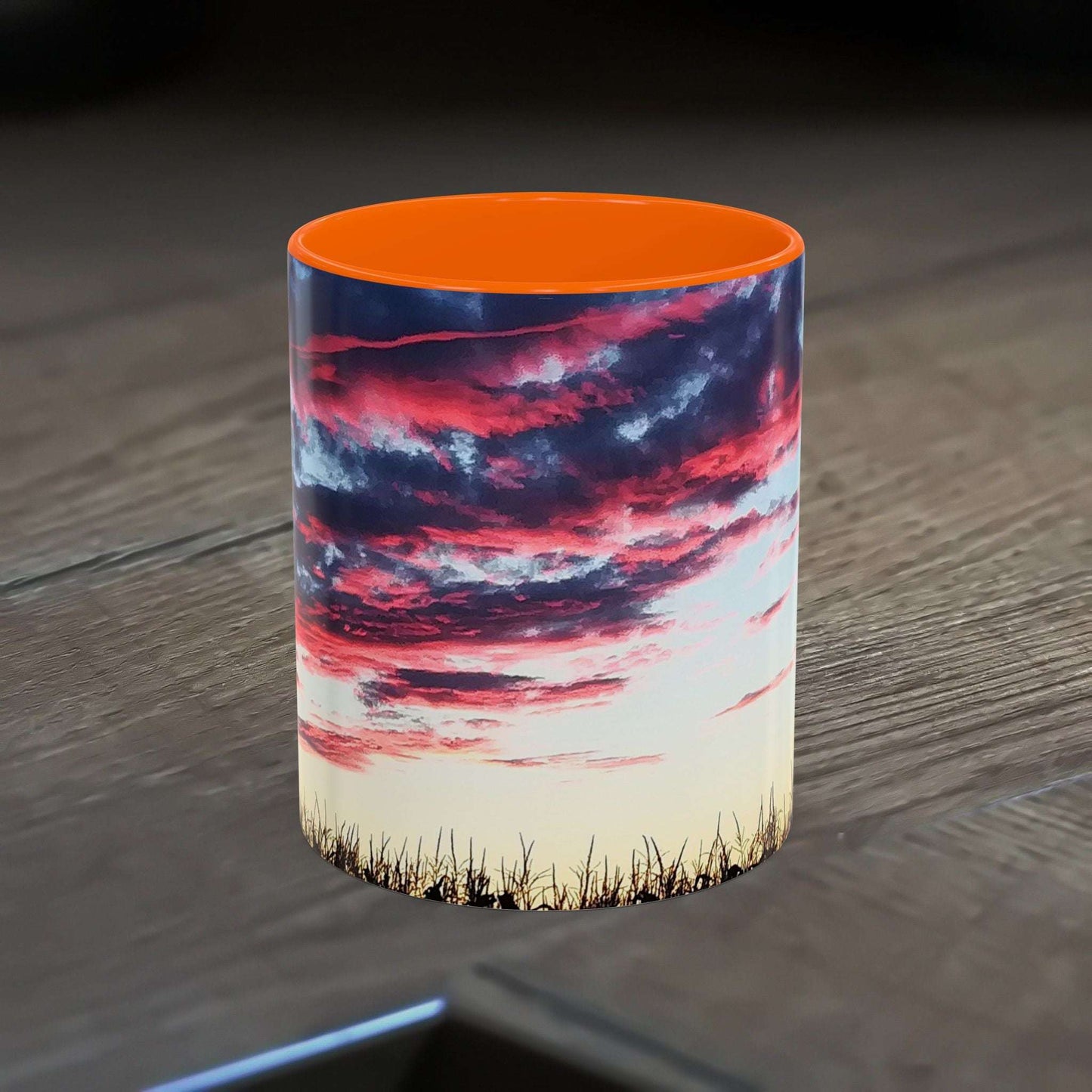 Sunset Accent Coffee Mug with vibrant colors, 11oz, glossy finish.