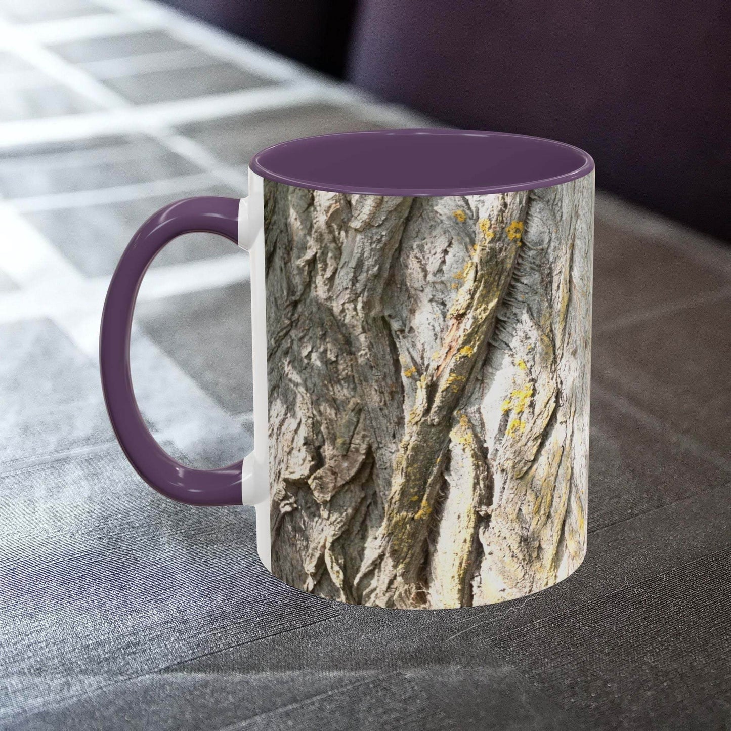 Coffee mug with tree trunk design, perfect for nature lovers.
