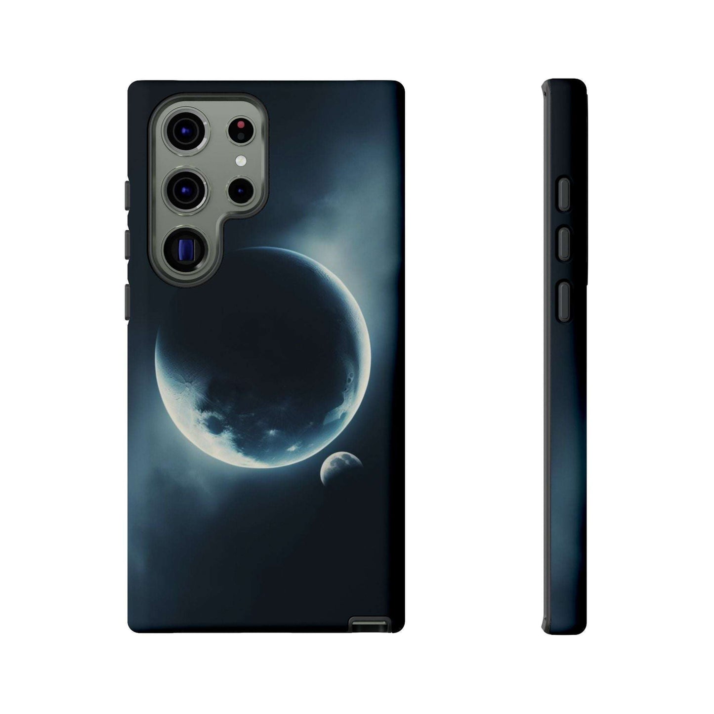 Phone case with futuristic Earth and Moon design, durable and impact-resistant.