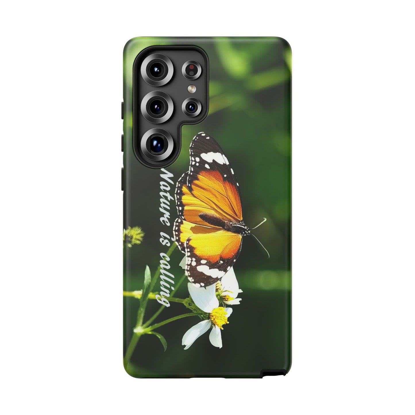 Nature-inspired tough phone case with butterfly and flower design.