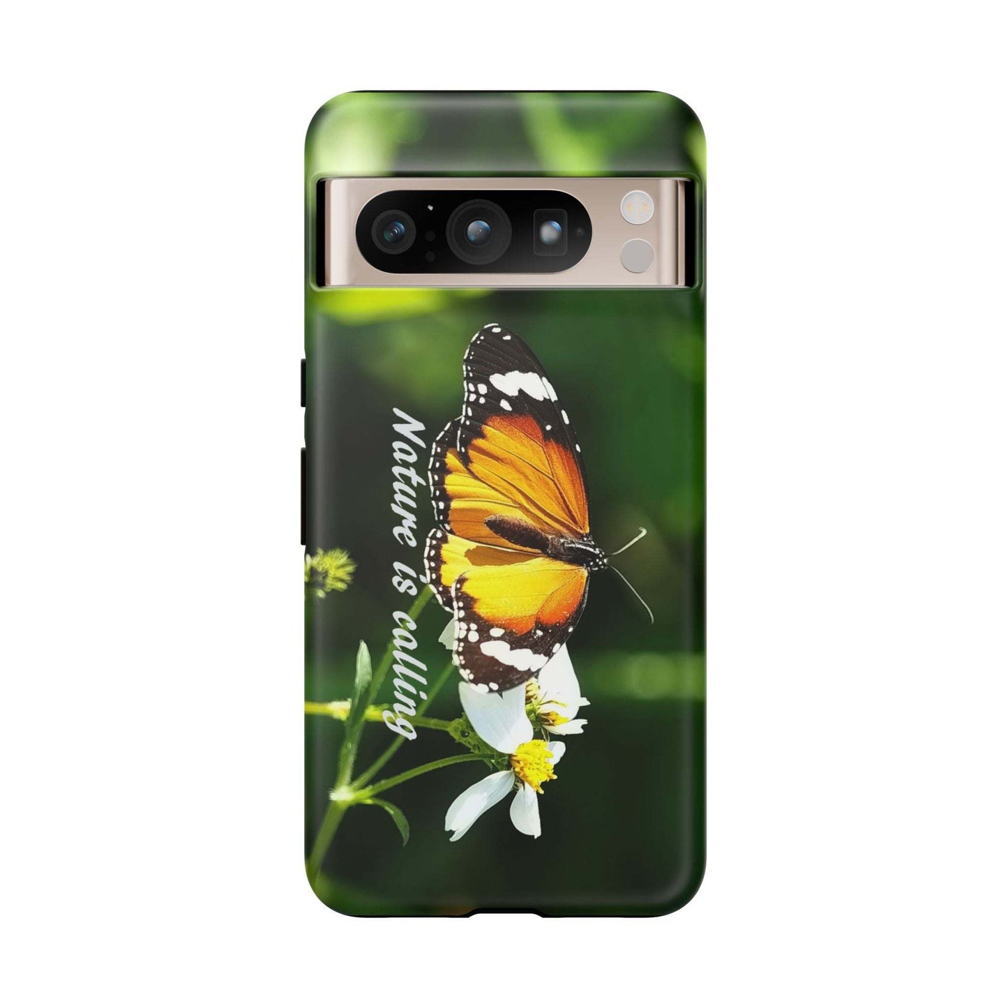 Nature-inspired tough phone case featuring a butterfly on a flower.