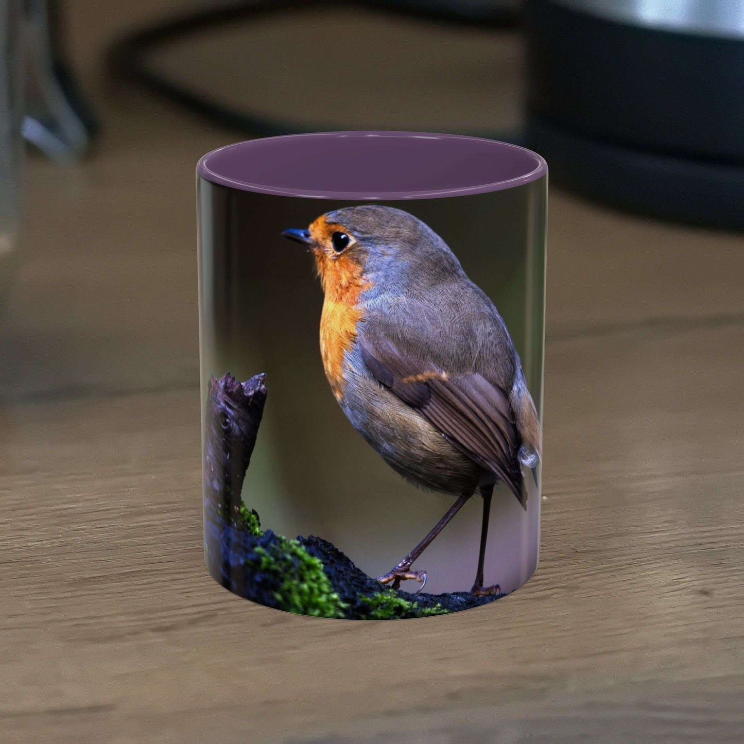 White ceramic 11oz Robin Mug with vibrant bird illustration.