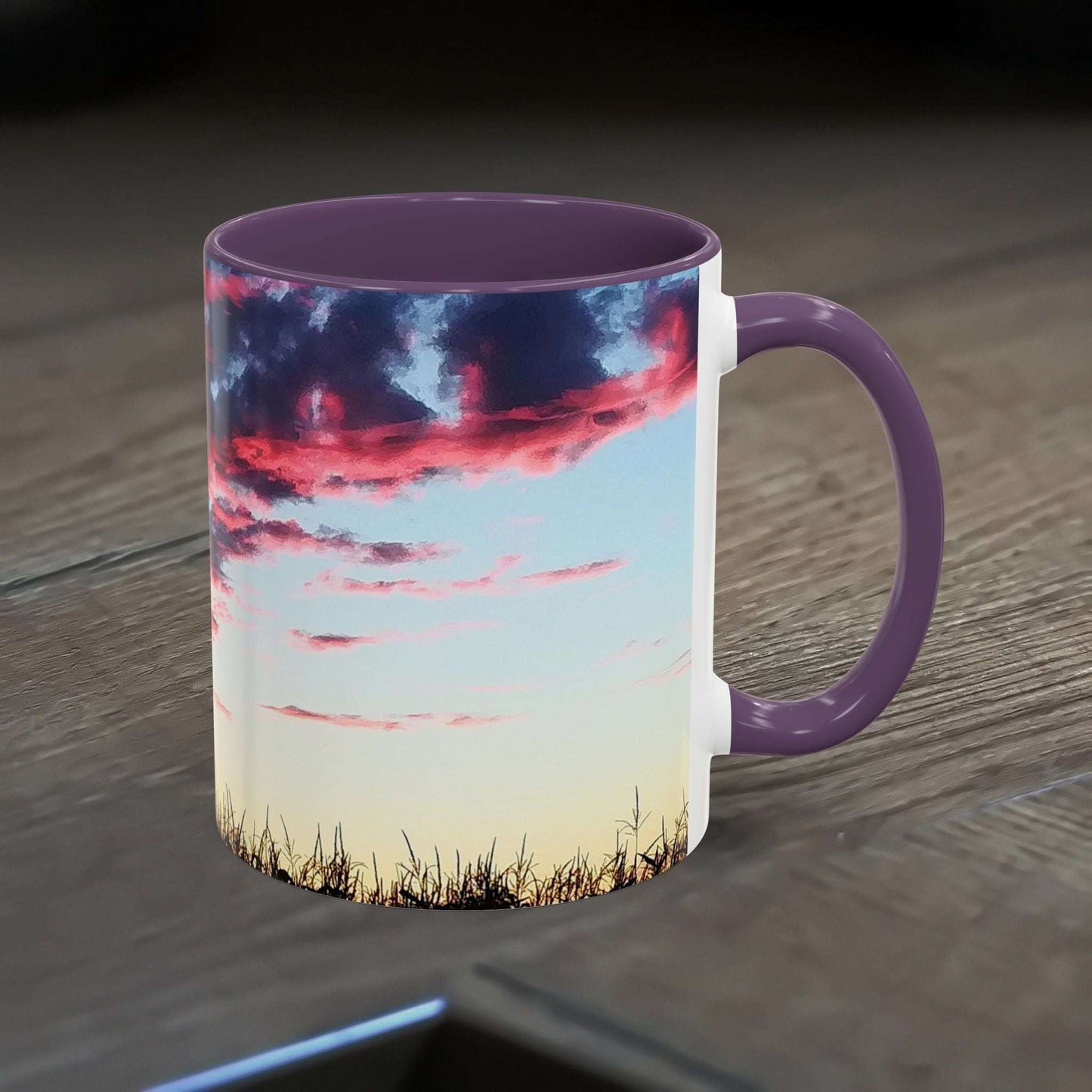 Sunset Accent Coffee Mug with artistic nature design, perfect for home office decor and gifts.