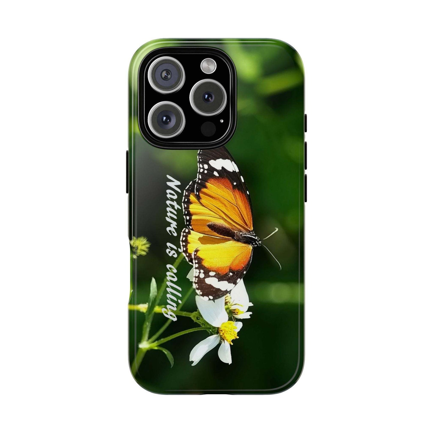 Nature-inspired tough phone case featuring a butterfly on a flower, perfect for nature lovers seeking stylish protection.