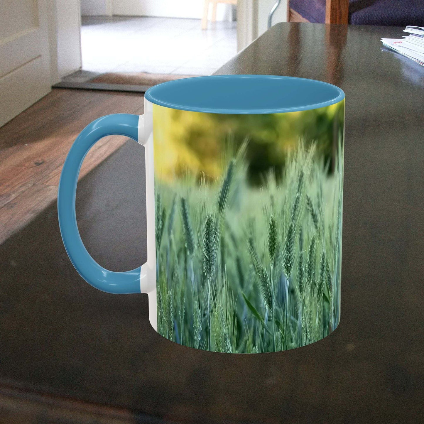 Wheat field design coffee mug with serene nature imagery, ideal for peace-loving coffee or tea drinkers.