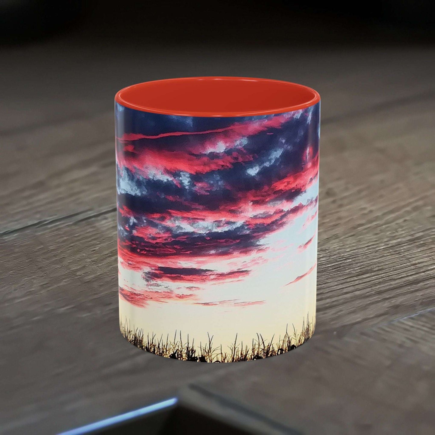 Sunset Accent Coffee Mug with vibrant sky design, 11oz, microwave and dishwasher safe.