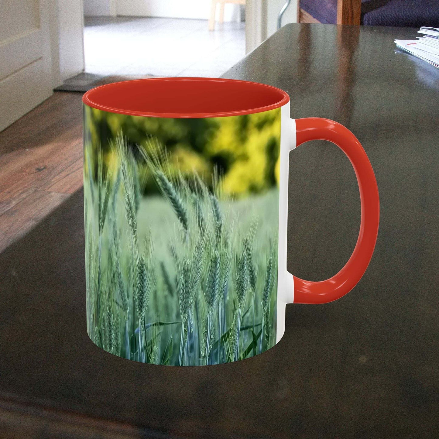 Coffee mug with wheat field design, perfect for nature lovers.
