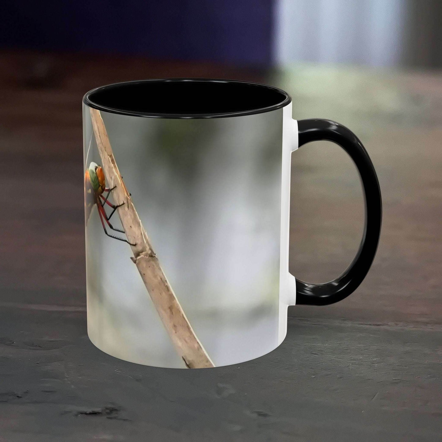 White ceramic mug with a pretty dragonfly design, 11oz capacity.
