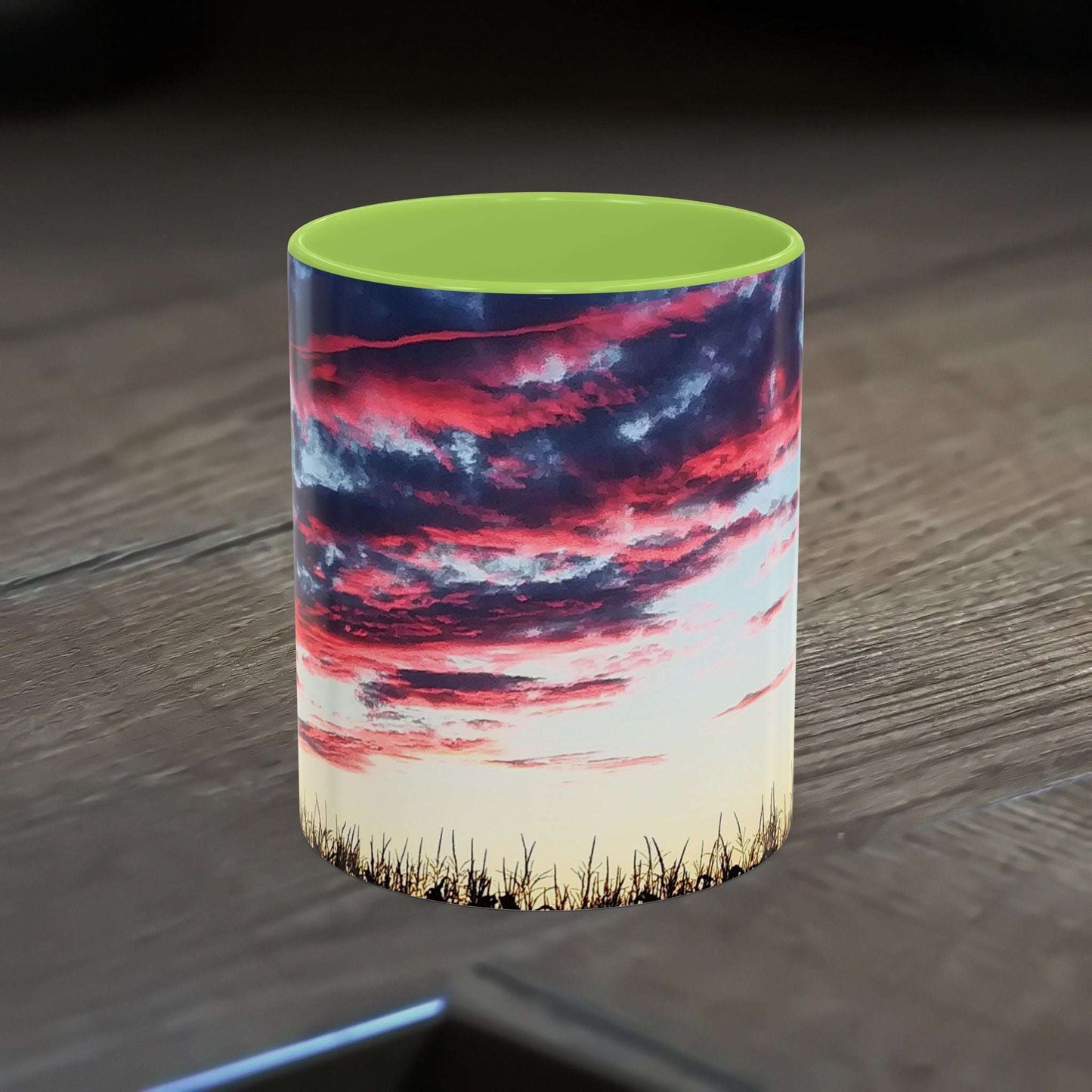 Vibrant Sunset Accent Coffee Mug with colorful design and glossy finish.