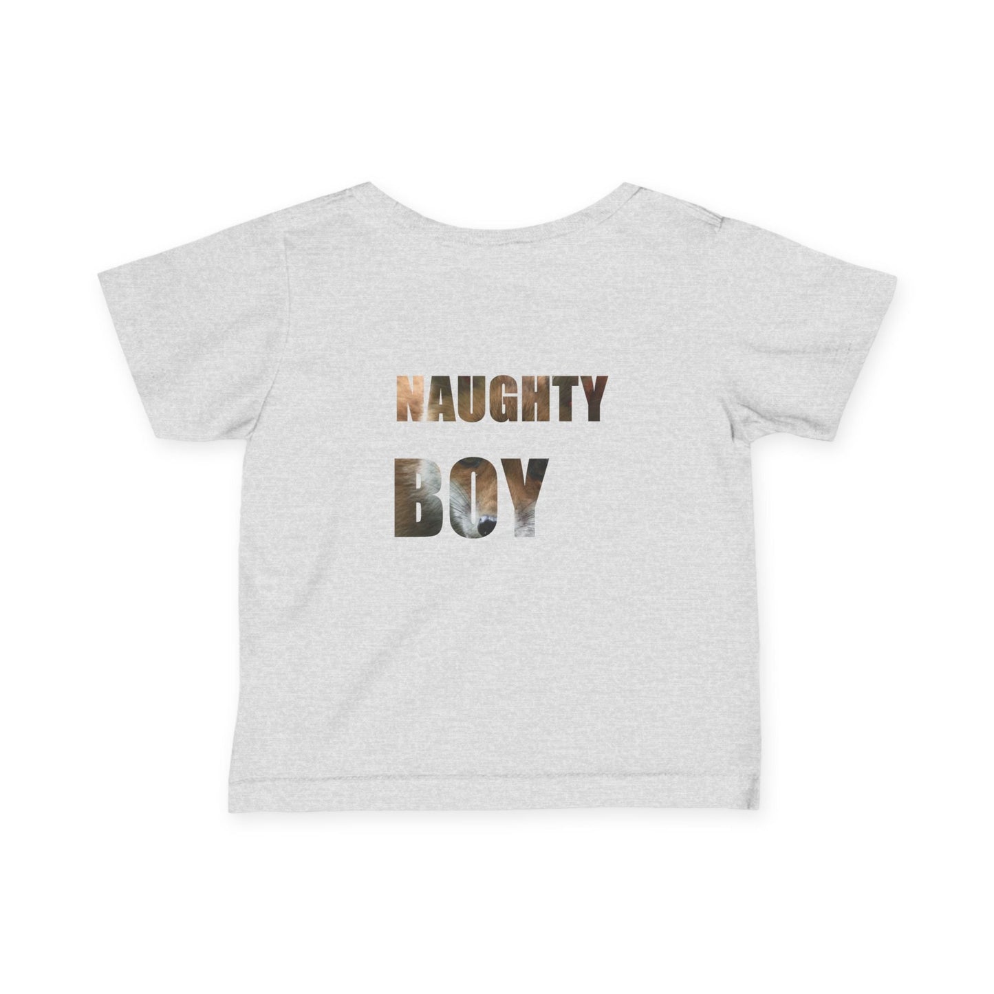 Gray infant tee with "Naughty Boy" print, ultra-soft breathable cotton, perfect for sensitive skin and playful outings.