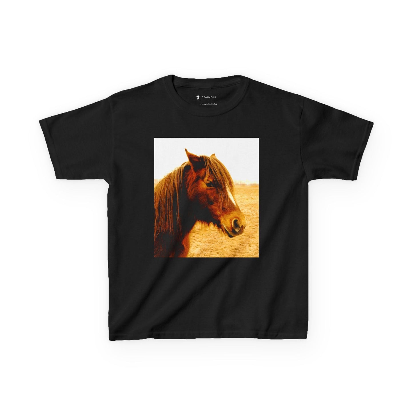 Kids Tee featuring a horse design on black cotton fabric.