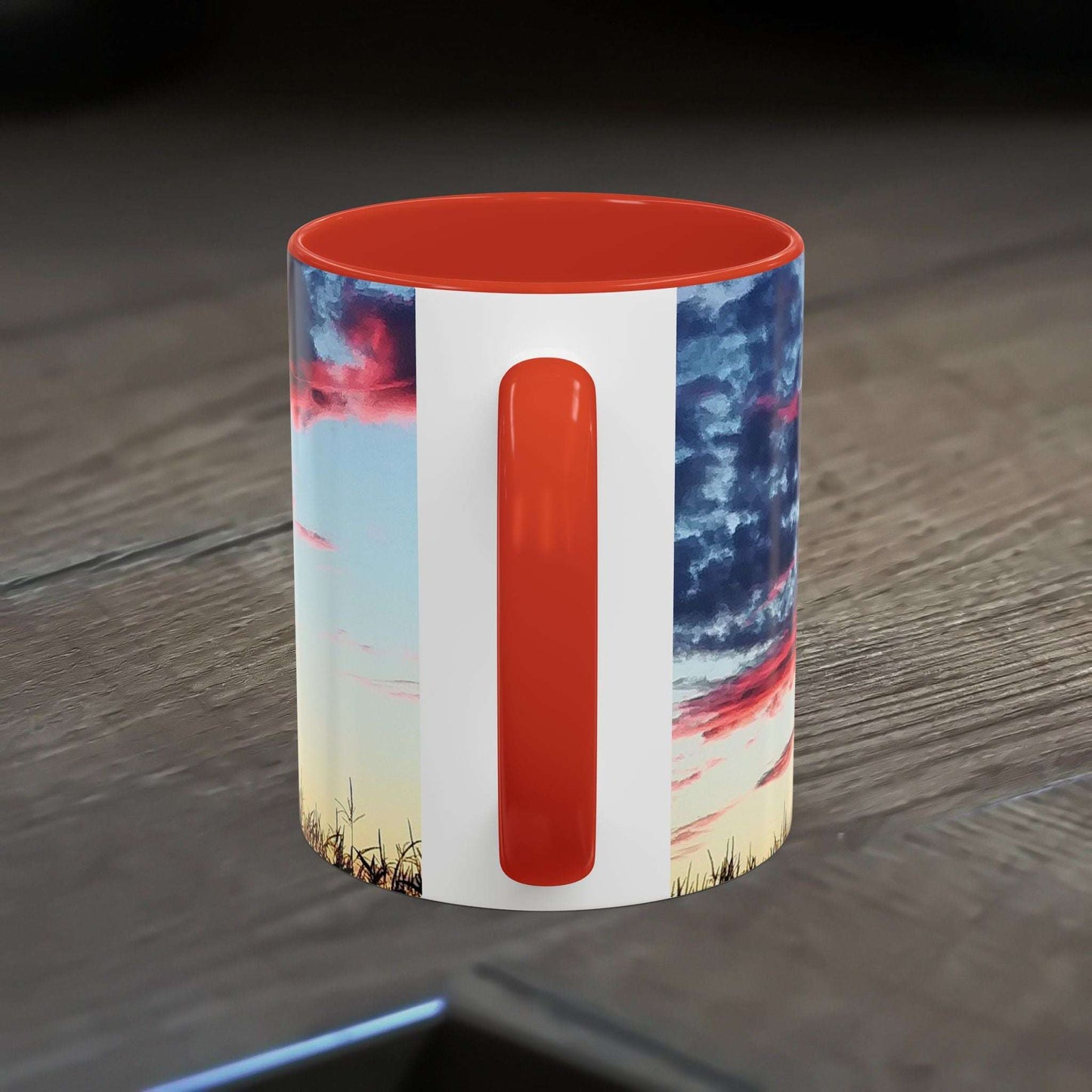 Vibrant sunset accent coffee mug with glossy finish and C-shaped handle, perfect for nature lovers and home office decor.