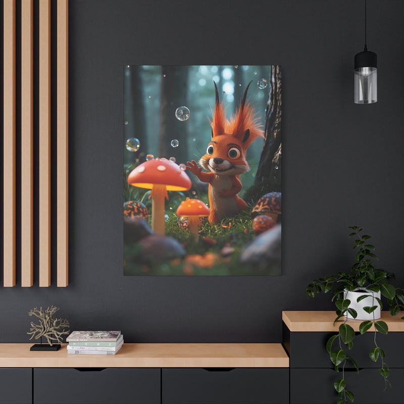 Cute Squirrel & Mushroom Canvas Print — Whimsical Forest Nursery Wall Art