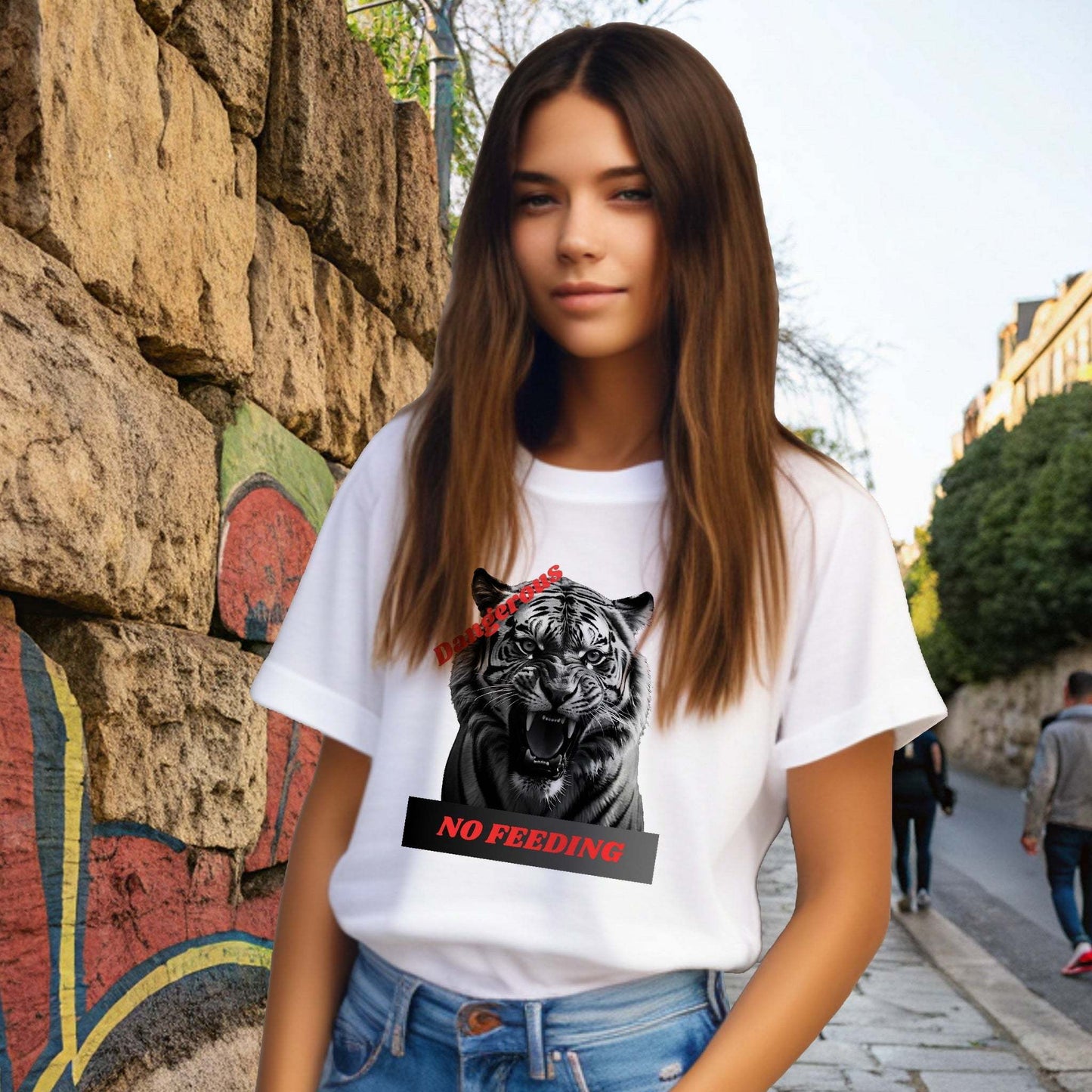 Kids graphic tee featuring an angry tiger design with "Dangerous: No Feeding" warning.