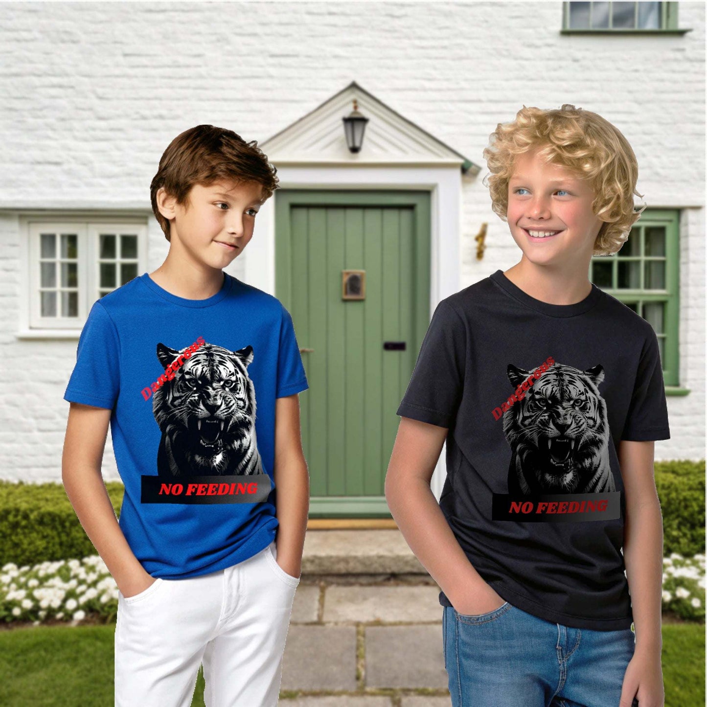 Kids wearing tiger graphic tees with "Dangerous: No Feeding" design in front of a house.