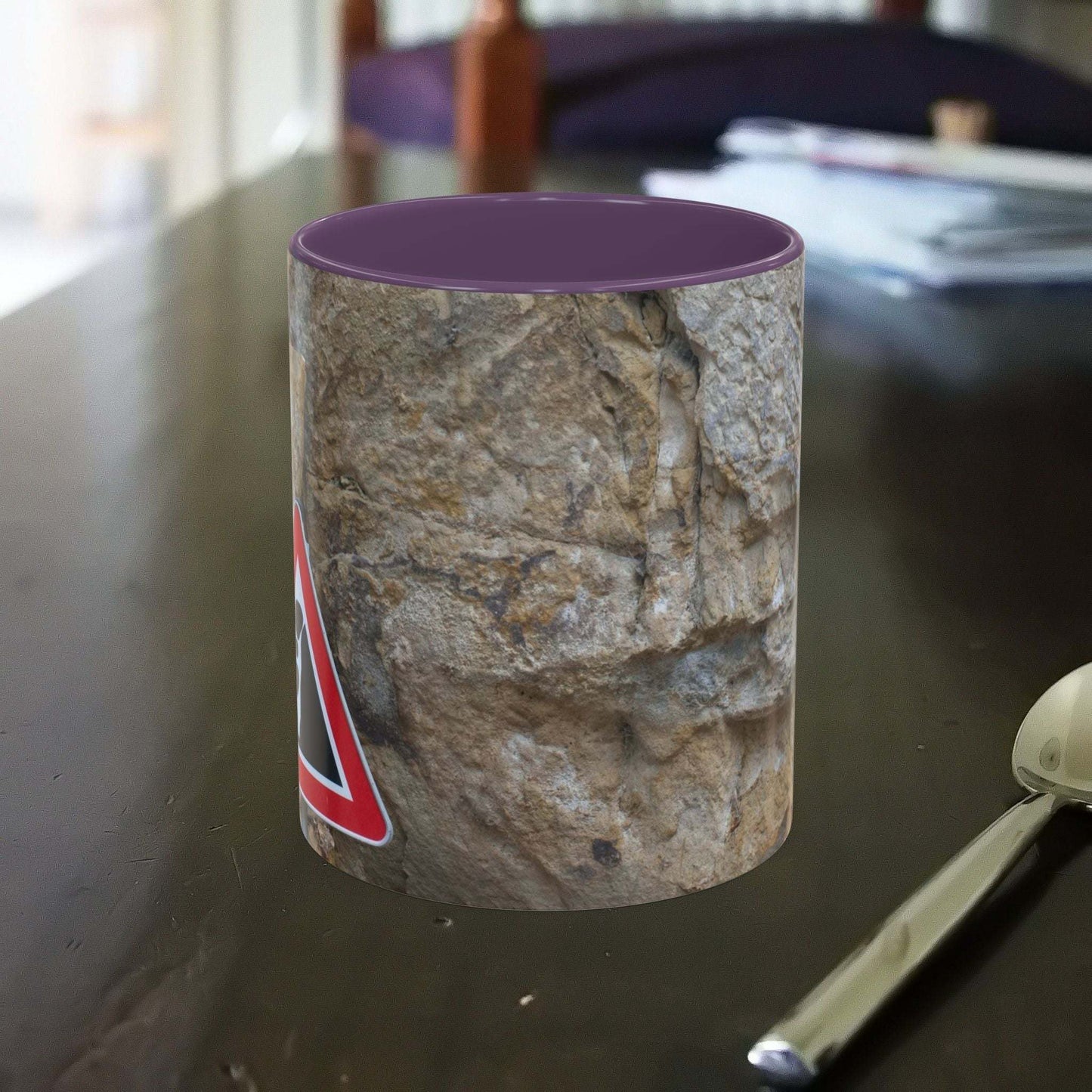 Rocky Mug with mountain design and falling rocks warning, ideal for nature lovers.