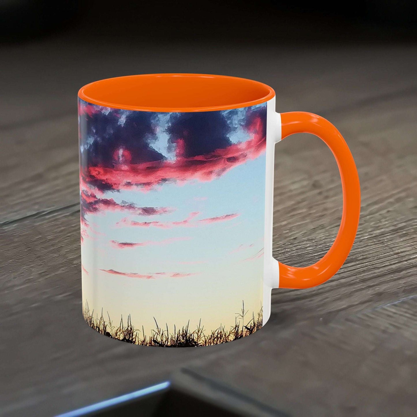 Sunset Accent Coffee Mug with vibrant design and glossy finish, perfect for nature lovers and gift giving.