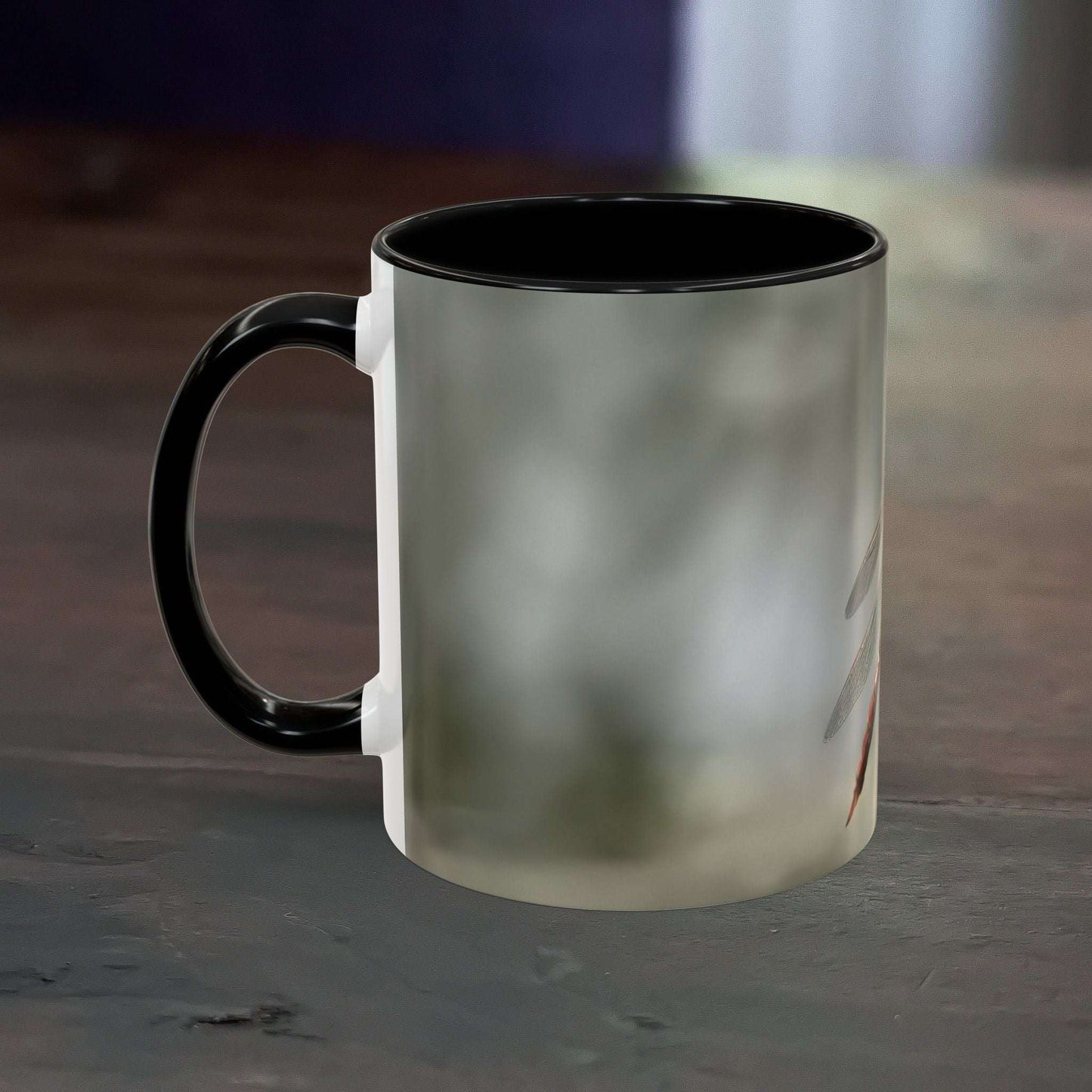 Accent Coffee Mug with dragonfly design, featuring vibrant colors and contrast handle.