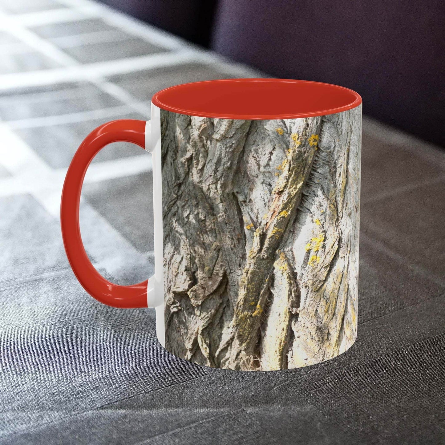 Rustic tree trunk design coffee mug on table, nature-inspired.