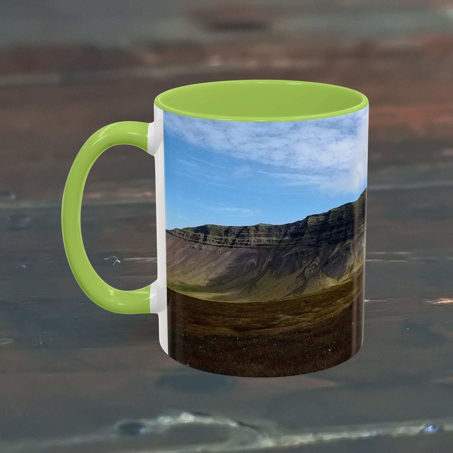 Coffee mug featuring Icelandic scenery, 325ml, vibrant colors, microwave and dishwasher safe, lead and BPA-free ceramic, glossy finish.