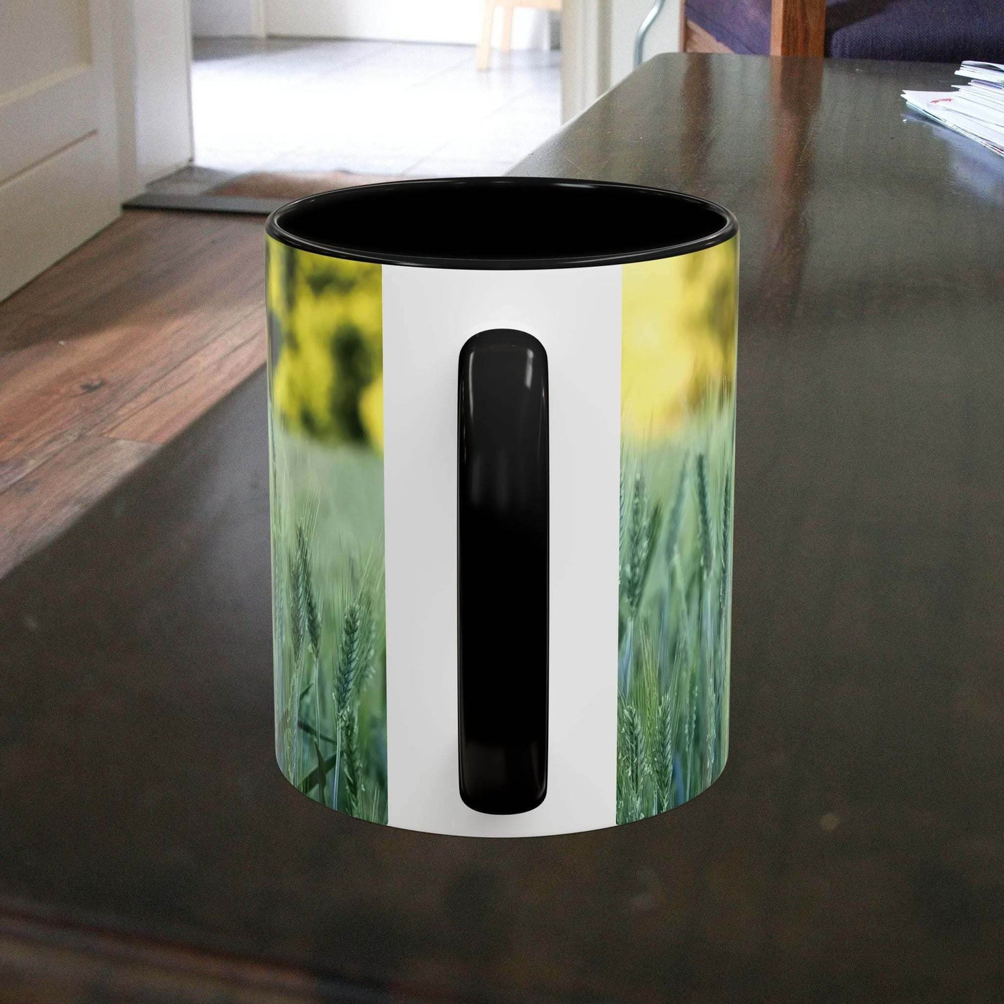 Wheat Field Design Coffee Mug on table, nature-inspired gift.