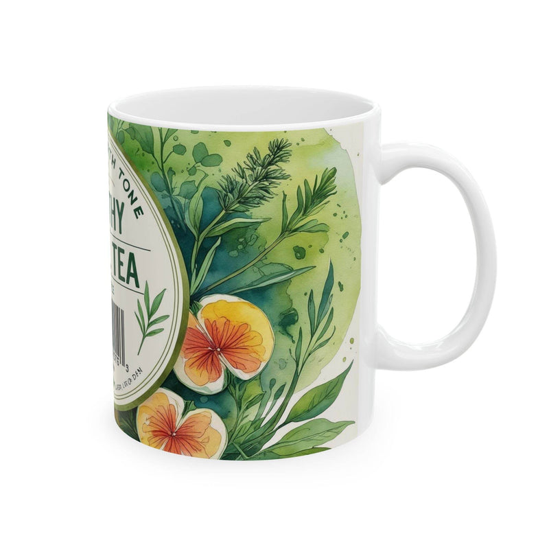 Premium 11oz wellness themed Mug - Healthy Herbal Tea filled with warm morning beverage on a dining table.