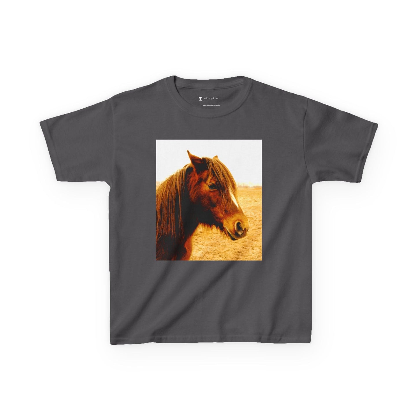 Kids Tee with horse print on dark fabric, perfect for horse-loving children.