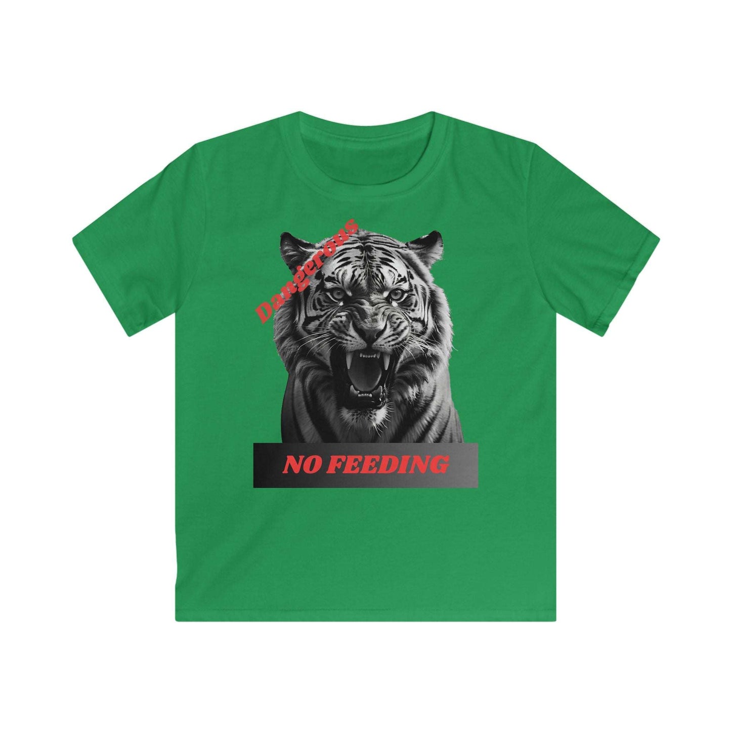 Kids graphic tee with fierce tiger design, "Dangerous: No Feeding" warning, green color.