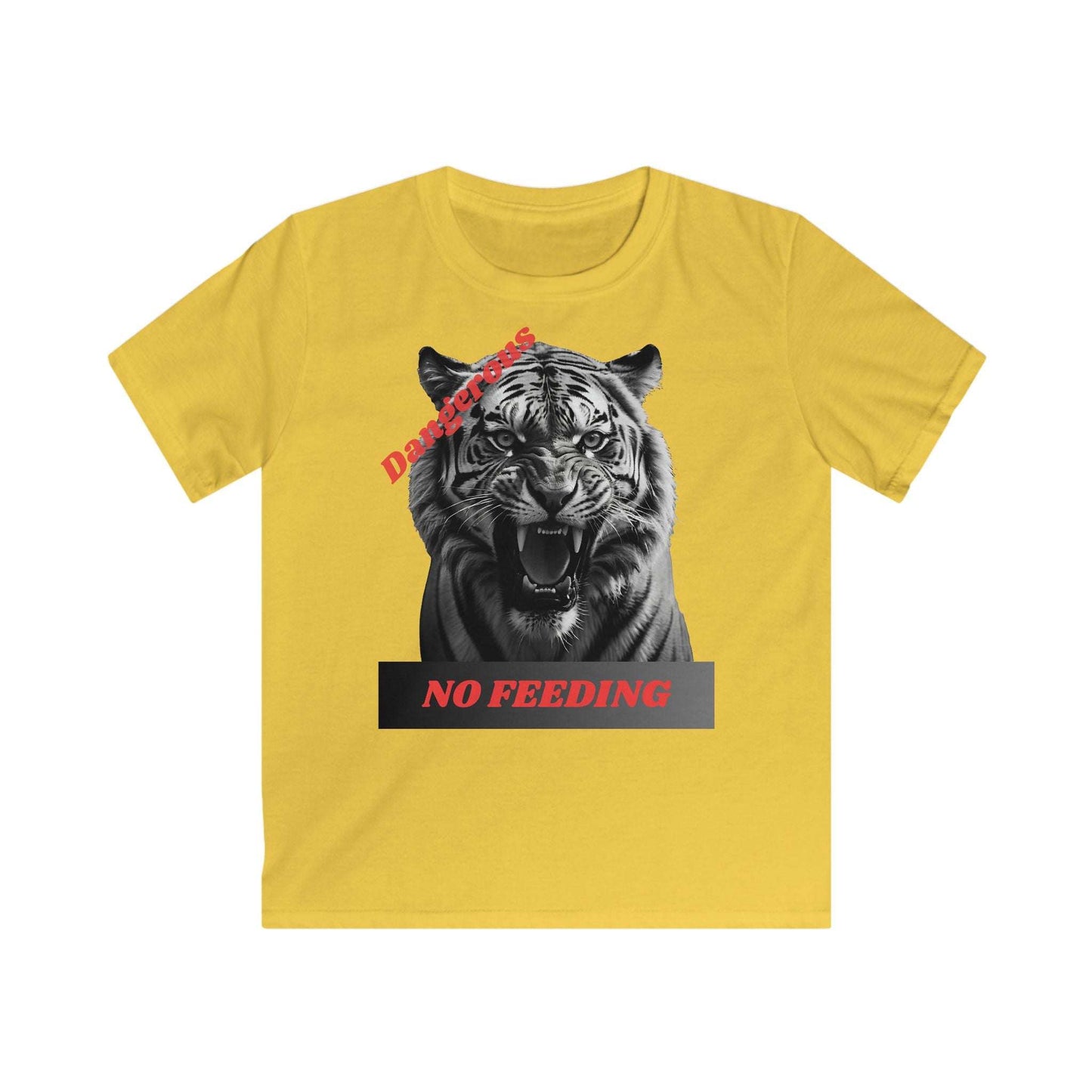 Kids graphic tee with angry tiger design and "Dangerous: No Feeding" warning in yellow.