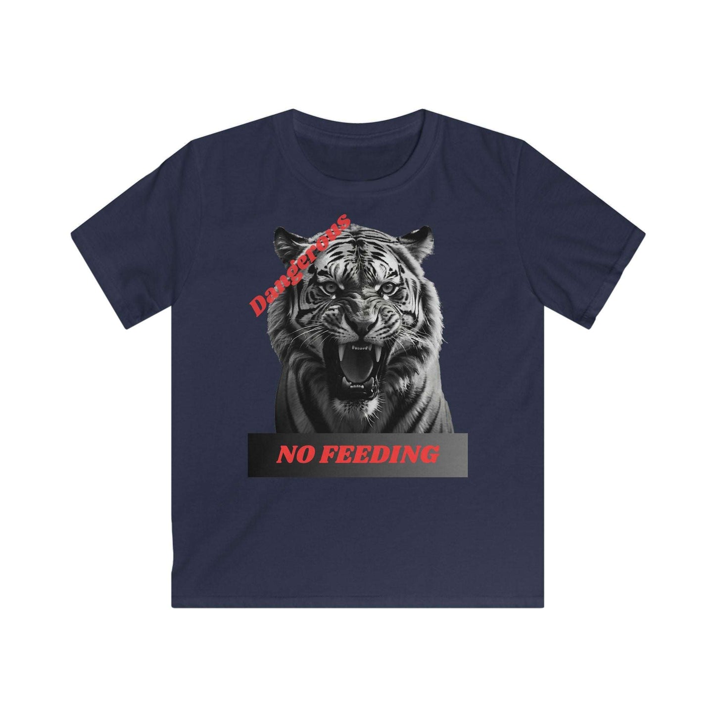 Kids graphic tee with fierce tiger design and "Dangerous: No Feeding" warning, ideal for animal lovers.