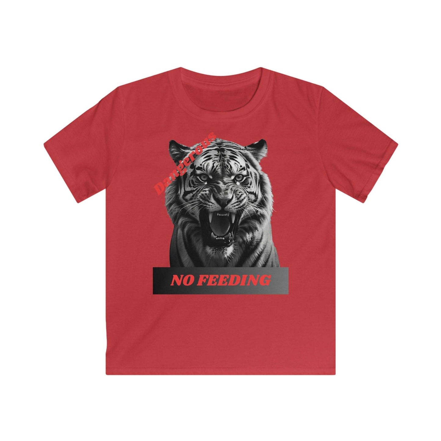 Kids Graphic Tee featuring an angry tiger with "Dangerous: No Feeding" design on red background.