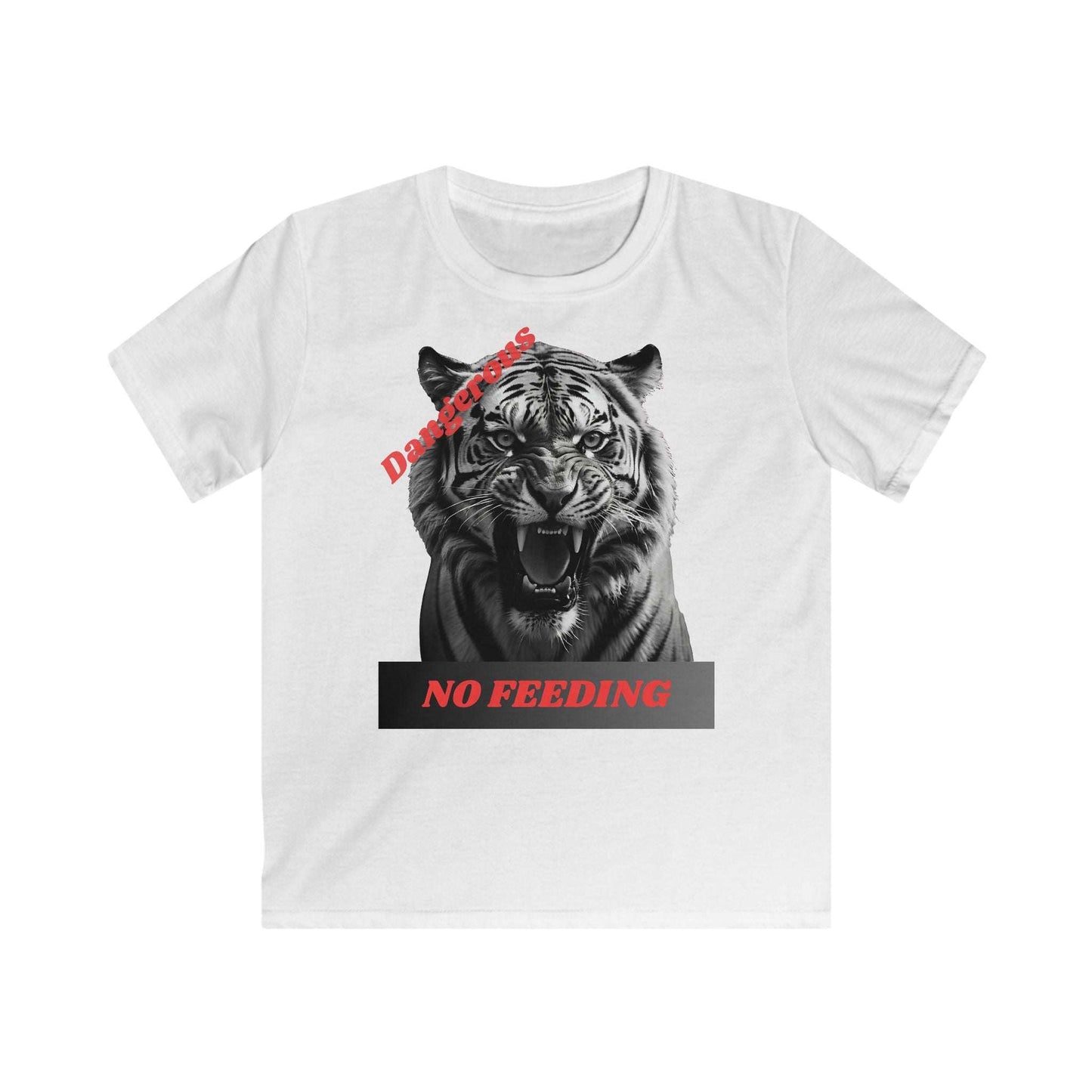 Kids graphic tee featuring an angry tiger and "Dangerous: No Feeding" warning.