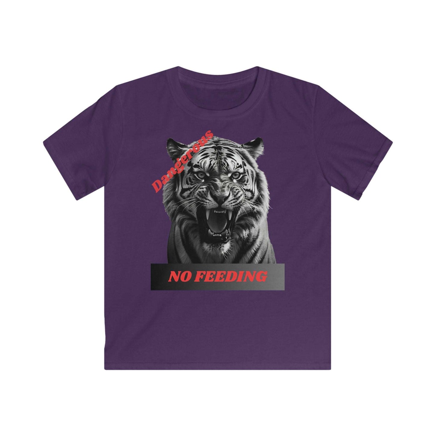 Kids graphic tee with angry tiger design and "Dangerous: No Feeding" warning, perfect for animal lovers and casual wear.