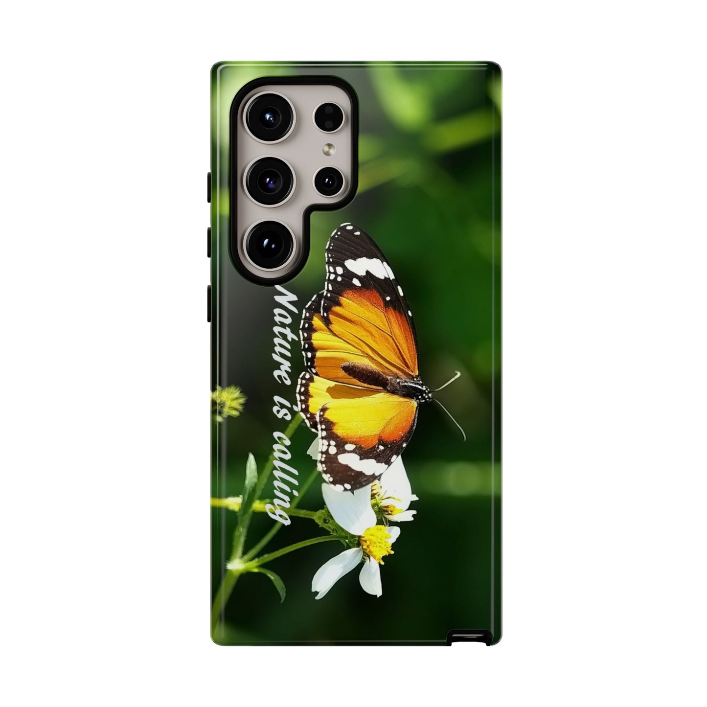 Nature-inspired tough phone case with butterfly and flower design for outdoor lovers.