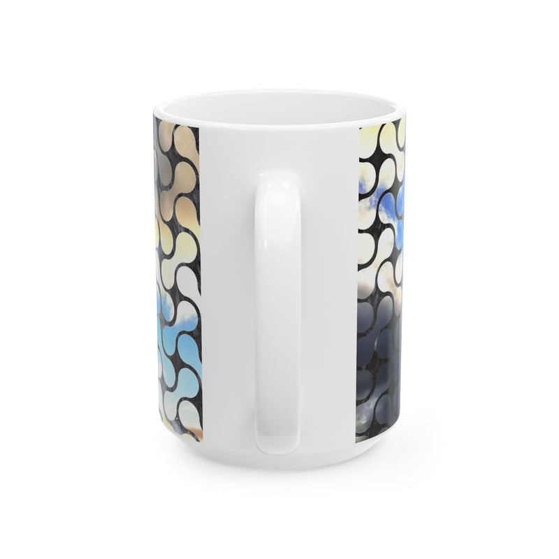 Abstract Mosaic Ceramic Coffee Mug – Blue & Neutral Pattern, 11oz/15oz