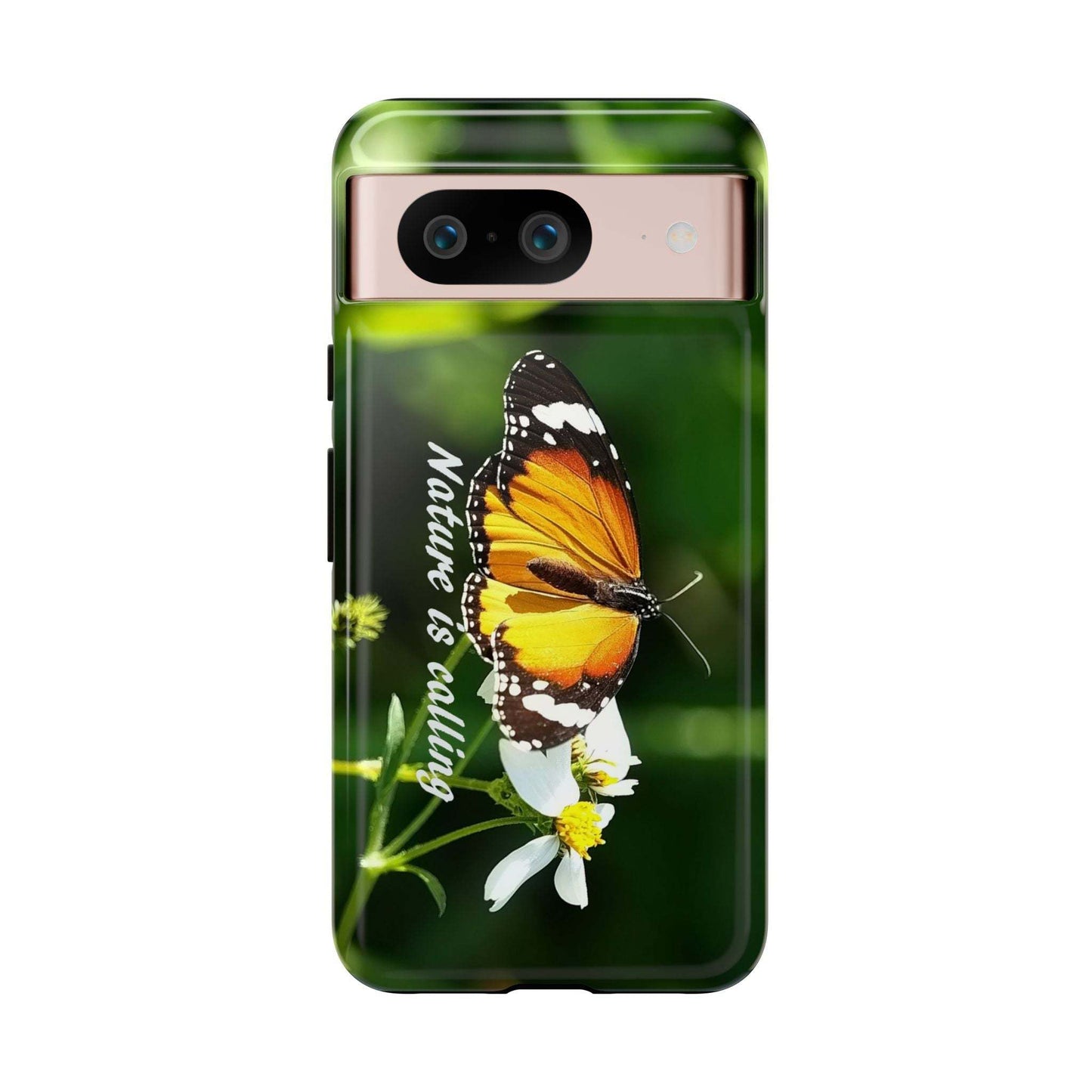 Nature-inspired tough phone case with butterfly on flower design for nature lovers.