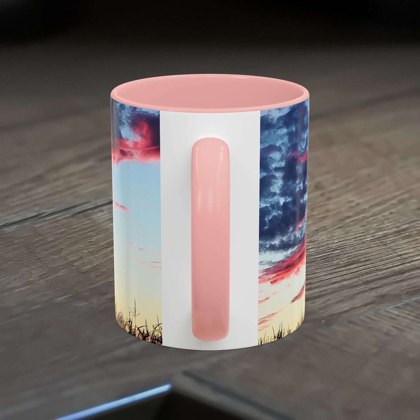 Sunset Accent Coffee Mug with Artistic Design on Wooden Table