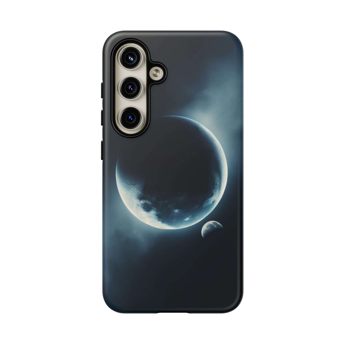 Tough phone case with Planet Earth and Moon design, space-themed protection.