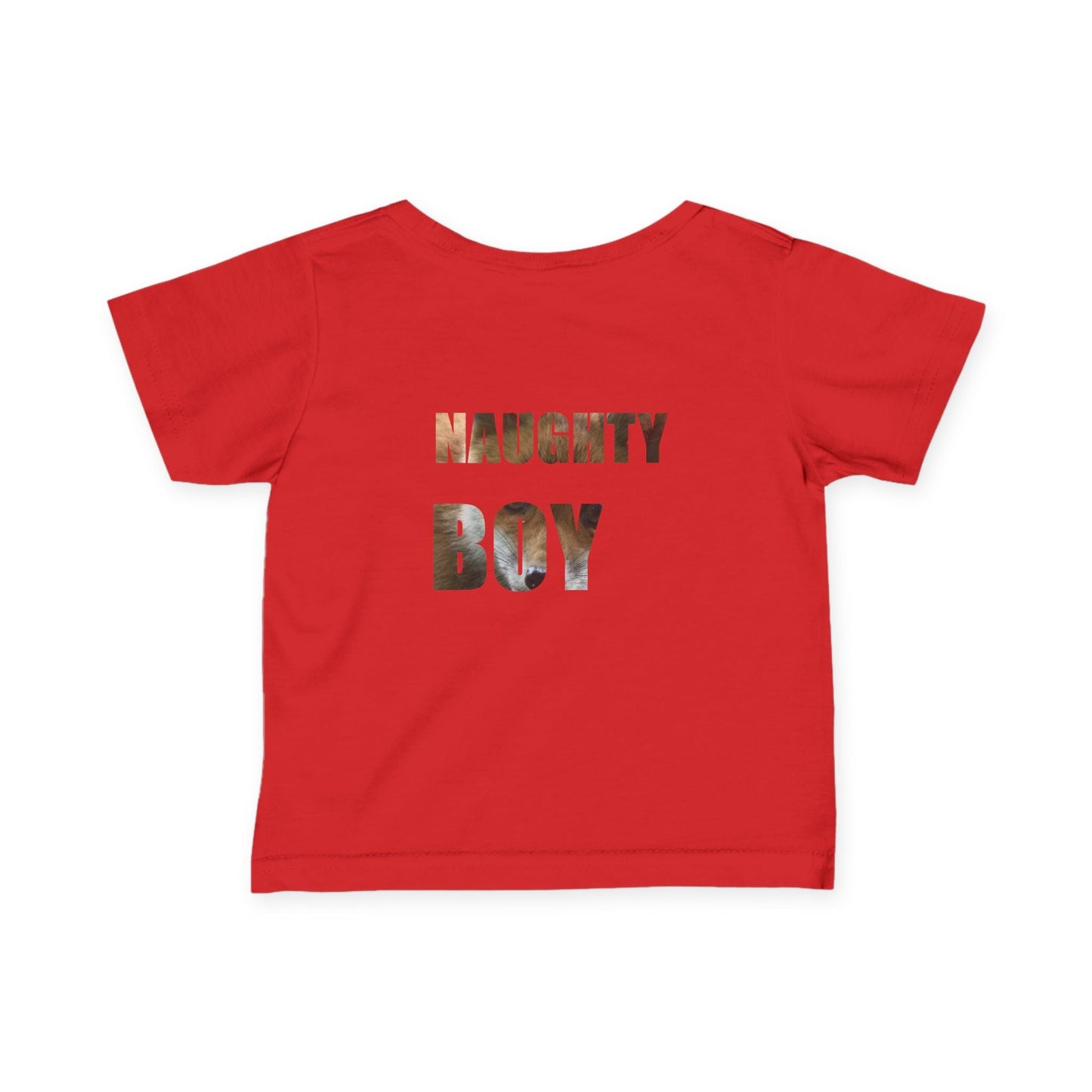 Red "Naughty Boy" infant tee made from soft cotton, perfect for playful toddlers and special occasions.