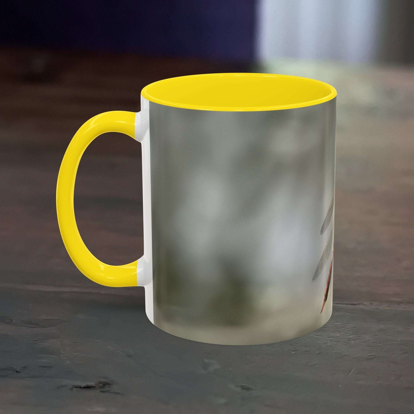 Accent Coffee Mug with Dragonfly Design and Yellow Interior