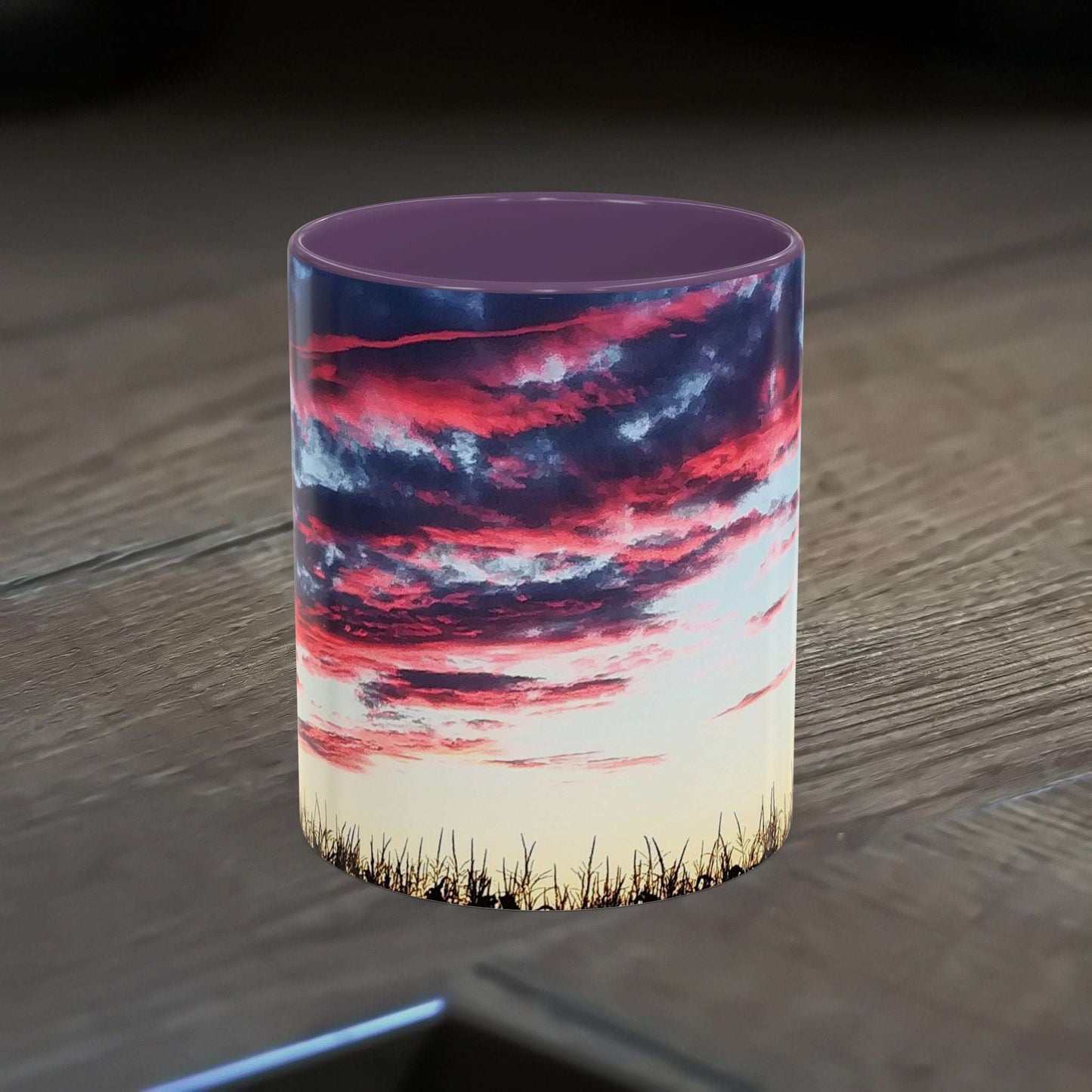 Sunset Accent Coffee Mug with vibrant colors and glossy finish for nature lovers and coffee enthusiasts.