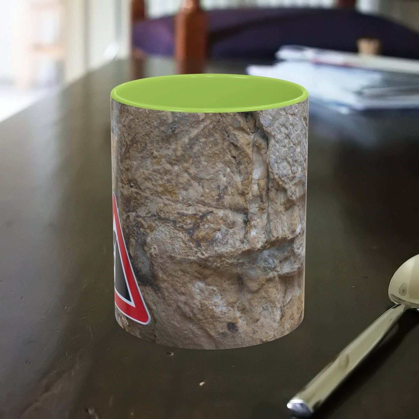 Rocky Mug with falling rocks design for mountain lovers.
