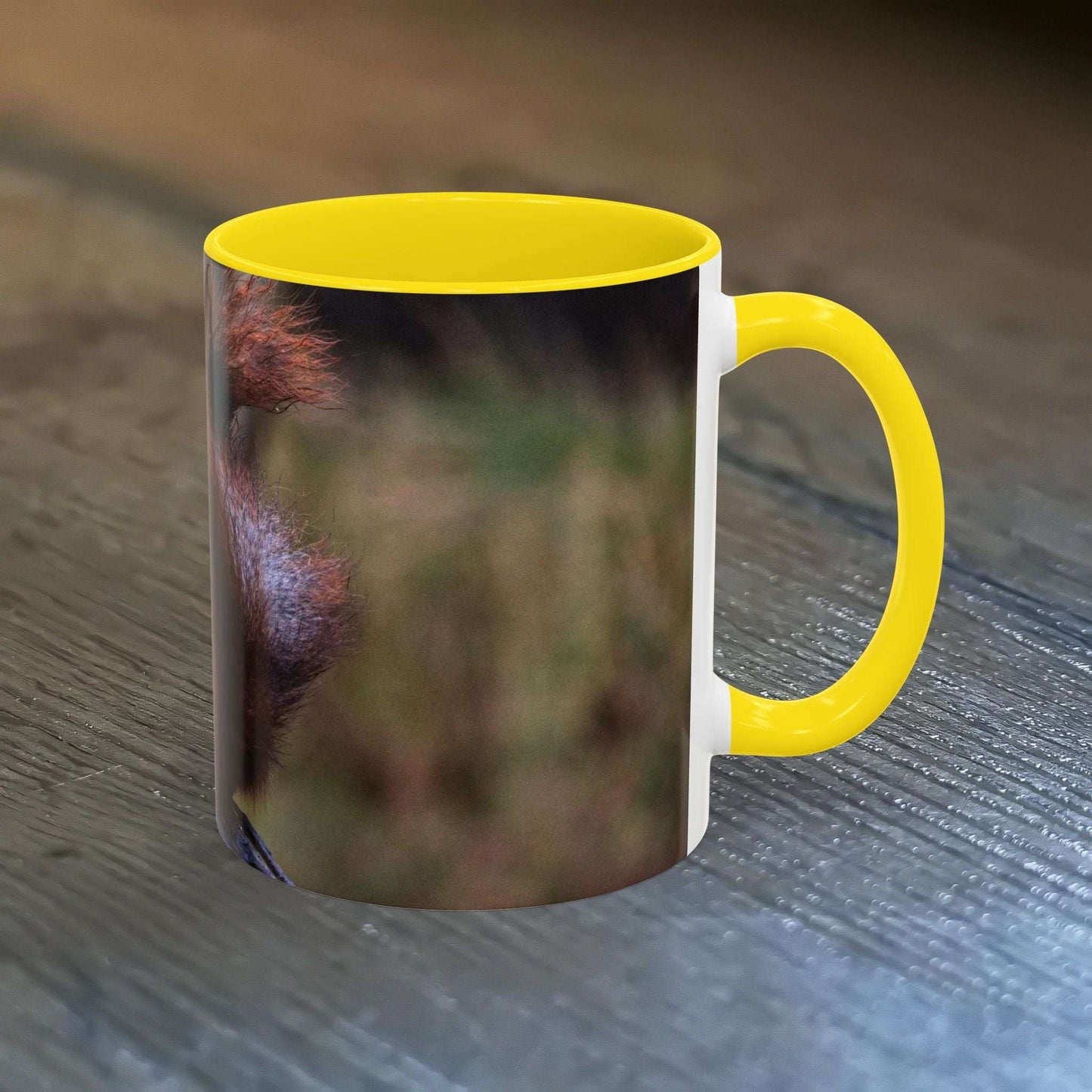 Cute squirrel coffee mug with yellow interior, perfect gift for nature lovers.