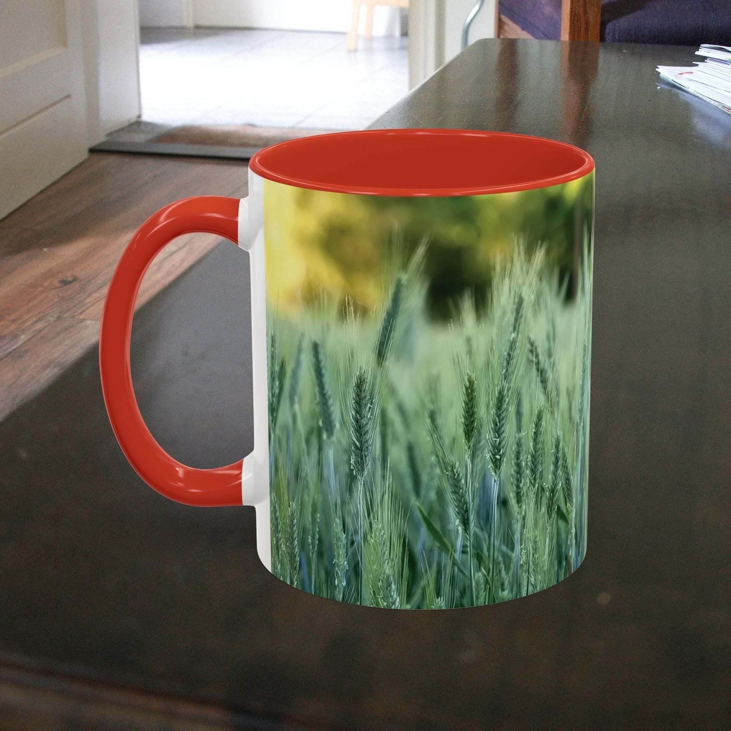 Wheat Field Design Coffee Mug with nature-inspired print for morning beverages.