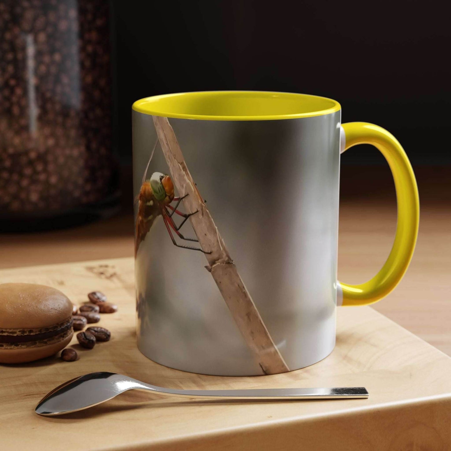 White ceramic mug with a pretty dragonfly design, 11oz capacity, ergonomic handle.